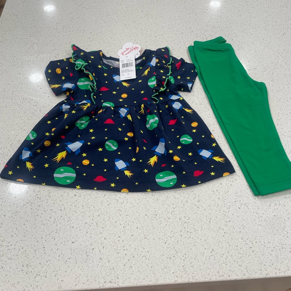 Blossoms & sprout by Florence Eiseman space-Themed Dress and Green Leggings Set